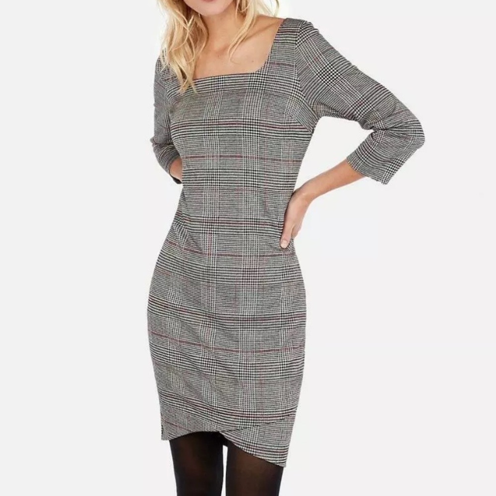 Express Sheath Dress Plaid Square Neck M Hi-Low